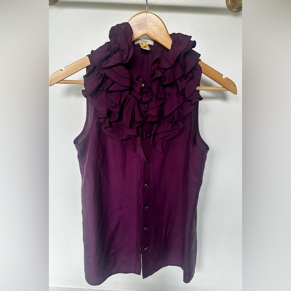 JCrew 100% silk ruffle neck, sleeveless button front blouse in plum color